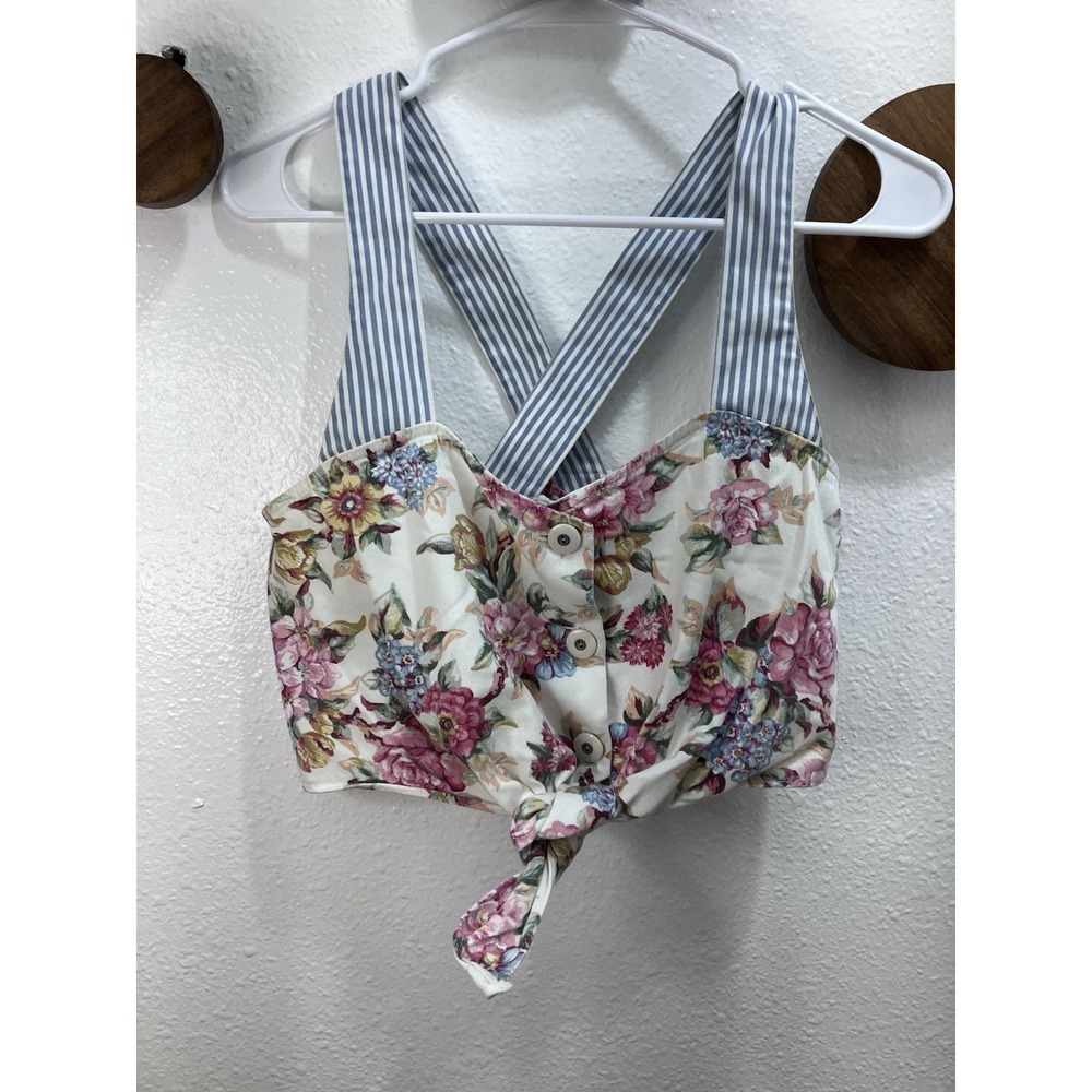 Vintage Rare 80s You Babes Bra Crop Top Cottage Core Floral Cotton Denim Med